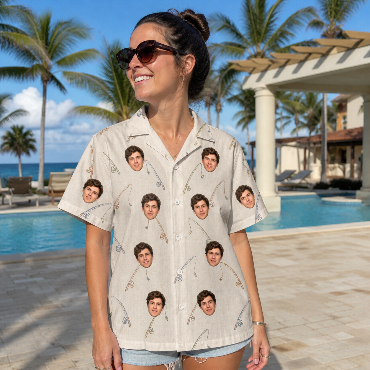 Real-life photo of someone wearing Women's Fishing Frenzy Custom Face Hawaiian Shirt — custom faces printed all-over
