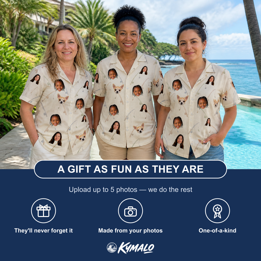Friends in matching Women's Fishing Frenzy Custom Face Hawaiian Shirt — a group gift photo