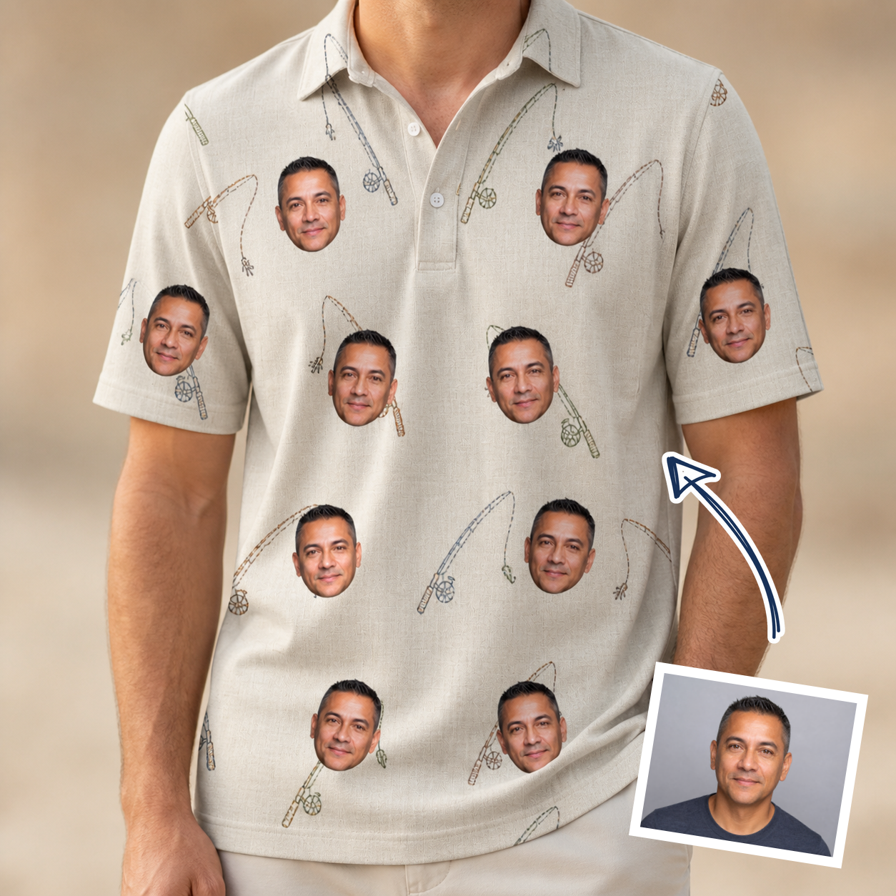 Man wearing Men's Fishing Frenzy Custom Face Polo Shirt — custom faces printed all-over