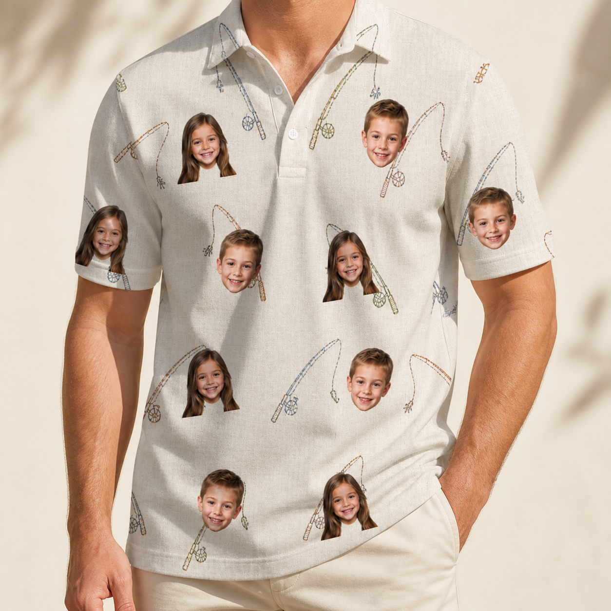 Model wearing Men's Fishing Frenzy Custom Face Polo Shirt printed with kids' faces