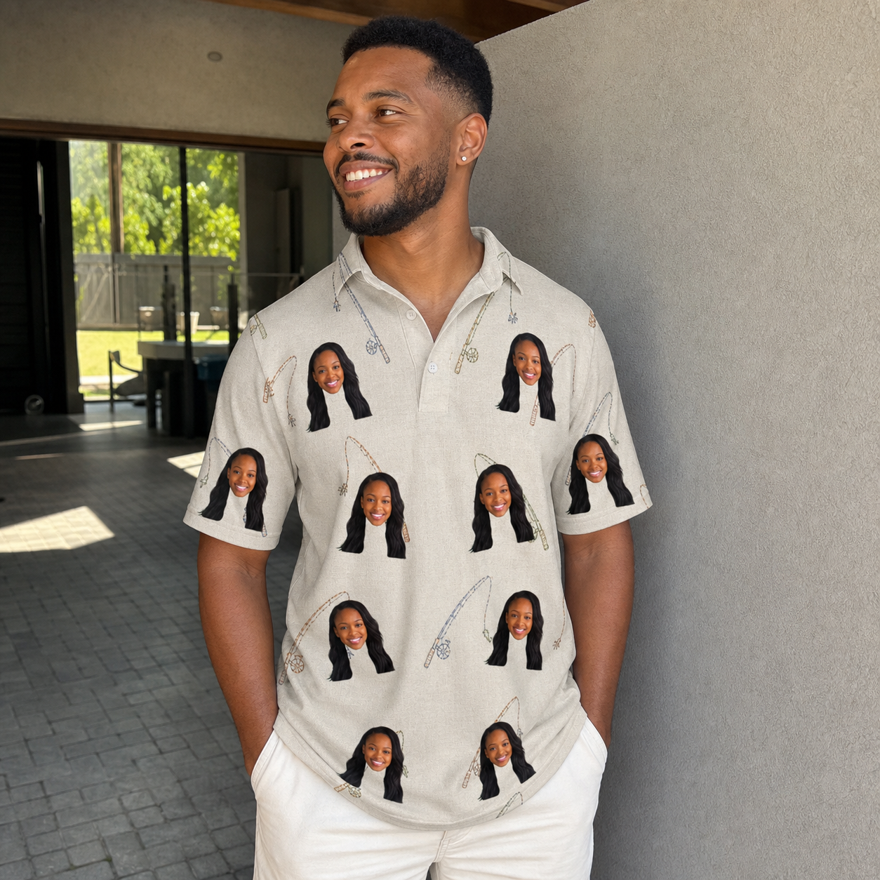Real-life photo of someone wearing Men's Fishing Frenzy Custom Face Polo Shirt — custom faces printed all-over