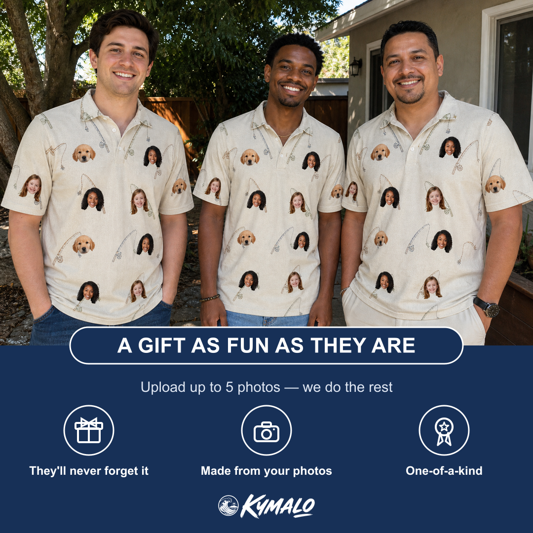 Friends in matching Men's Fishing Frenzy Custom Face Polo Shirt — a group gift photo