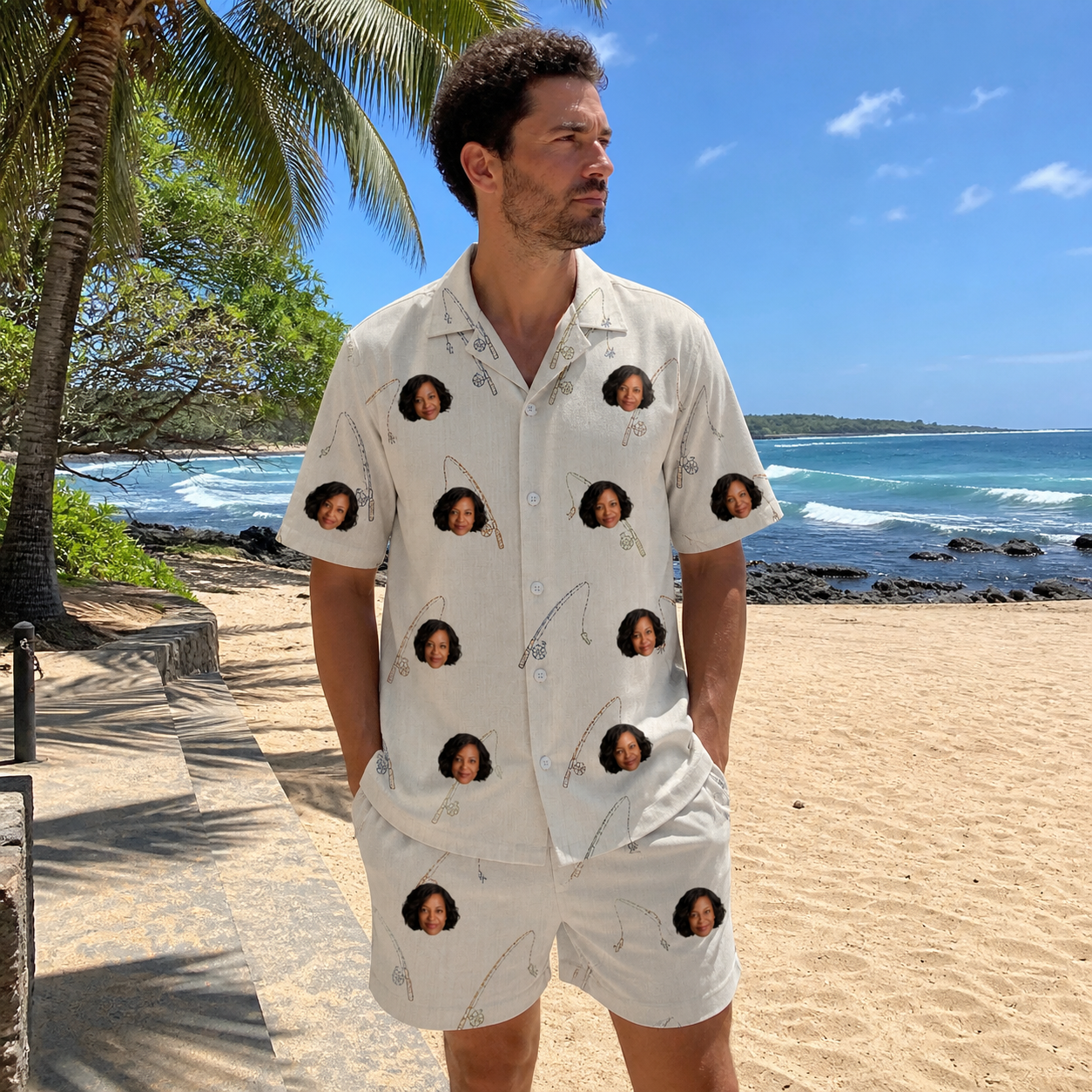 Real-life photo of someone wearing Men's Fishing Frenzy Custom Face Shirt & Shorts Set — custom faces printed all-over