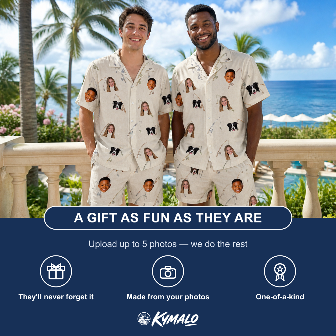 Friends in matching Men's Fishing Frenzy Custom Face Shirt & Shorts Set — a group gift photo