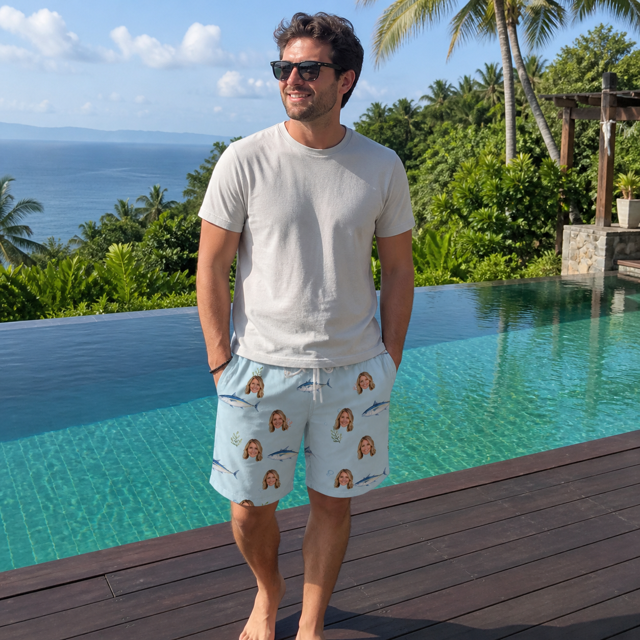 Real-life photo of someone wearing Men's Pelagic Prowess Custom Face Beach Shorts — custom faces printed all-over