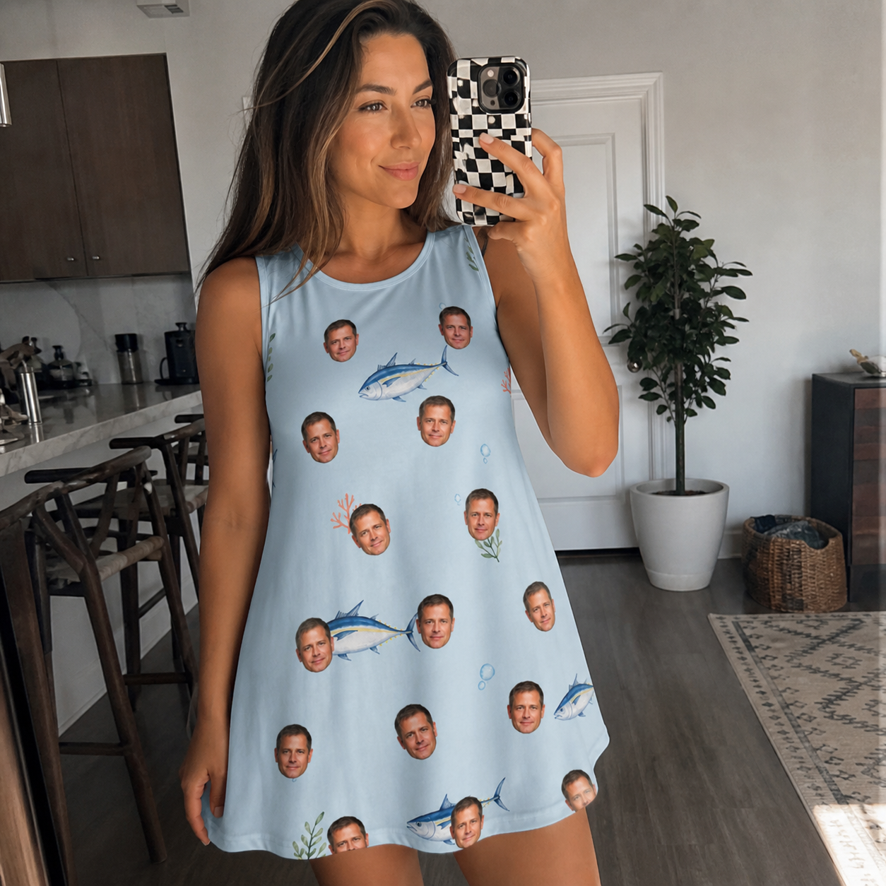 Real-life photo of someone wearing Women's Pelagic Prowess Custom Face Tank Dress — custom faces printed all-over