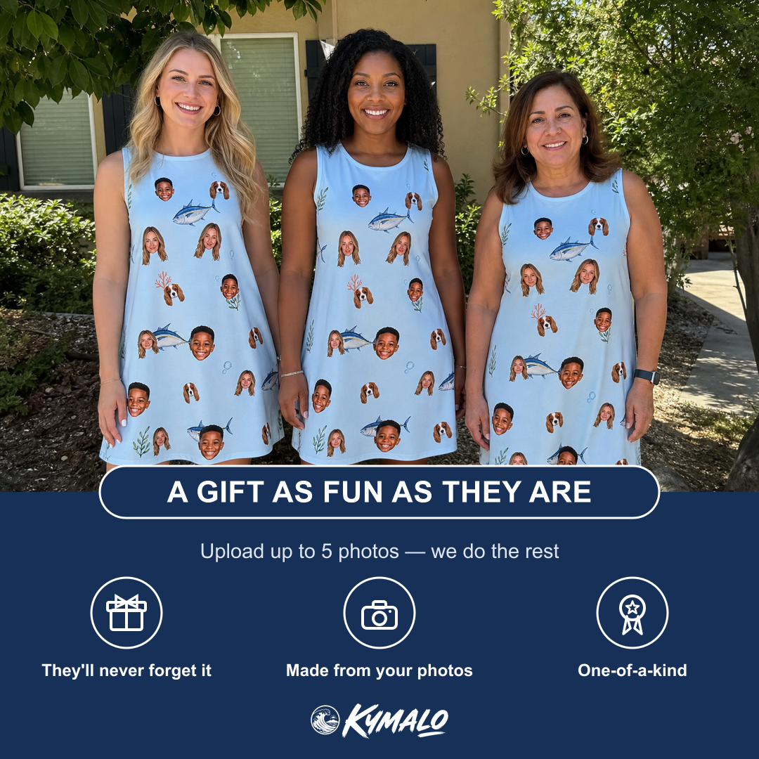 Friends in matching Women's Pelagic Prowess Custom Face Tank Dress — a group gift photo