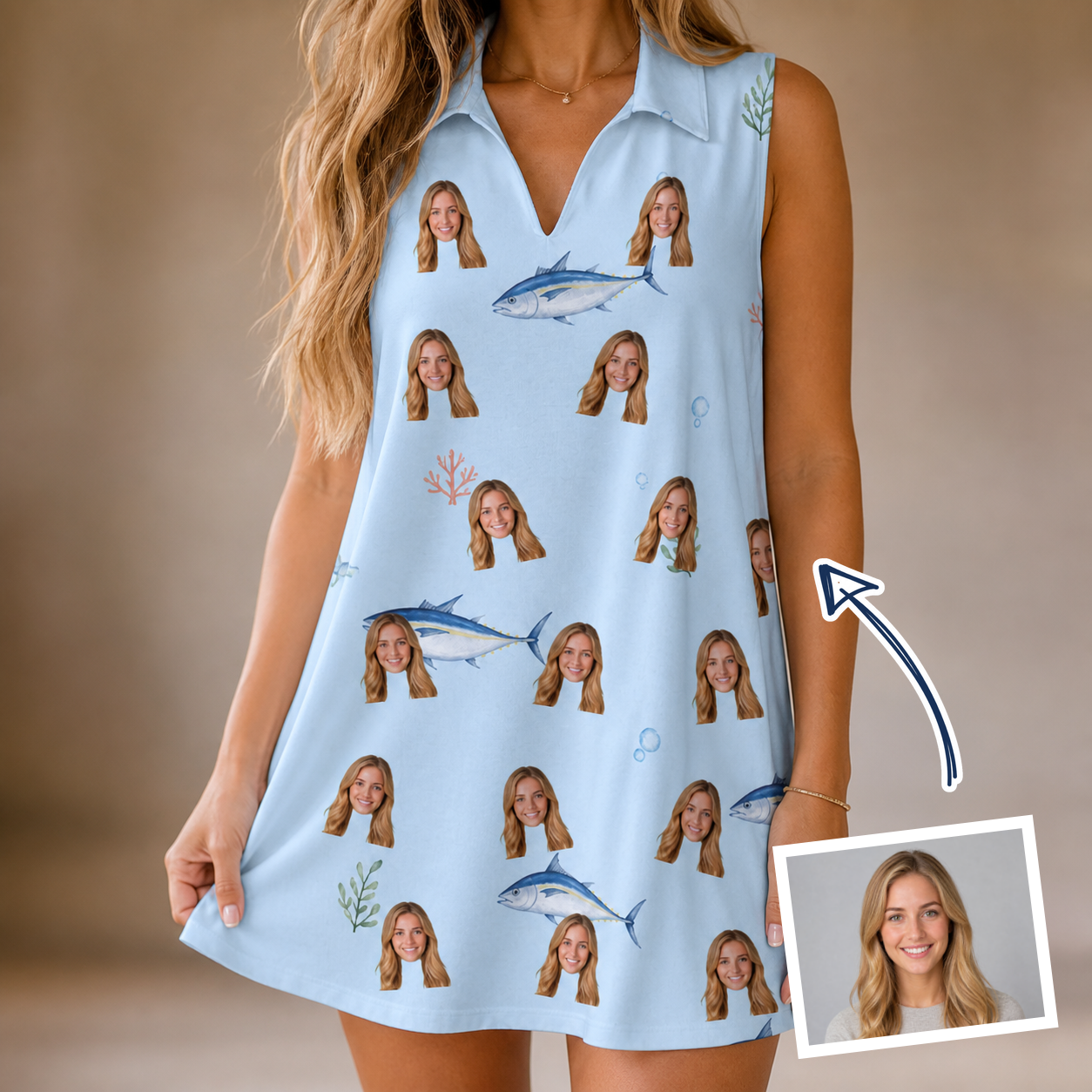 Woman wearing Women's Pelagic Prowess Custom Face V-Neck Dress — custom faces printed all-over