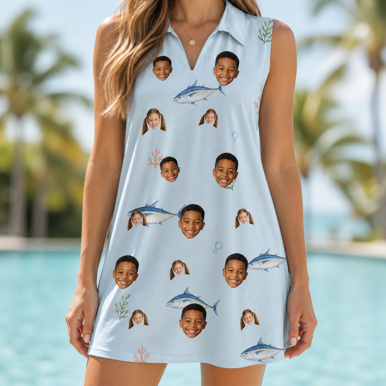 Model wearing Women's Pelagic Prowess Custom Face V-Neck Dress printed with kids' faces