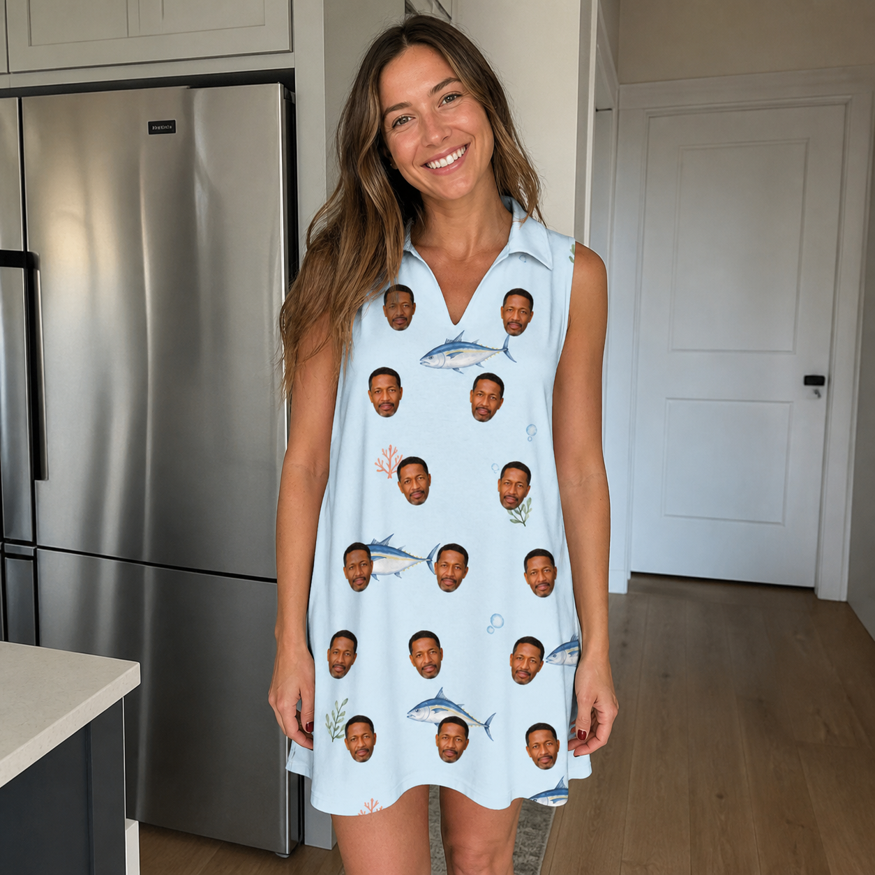 Real-life photo of someone wearing Women's Pelagic Prowess Custom Face V-Neck Dress — custom faces printed all-over