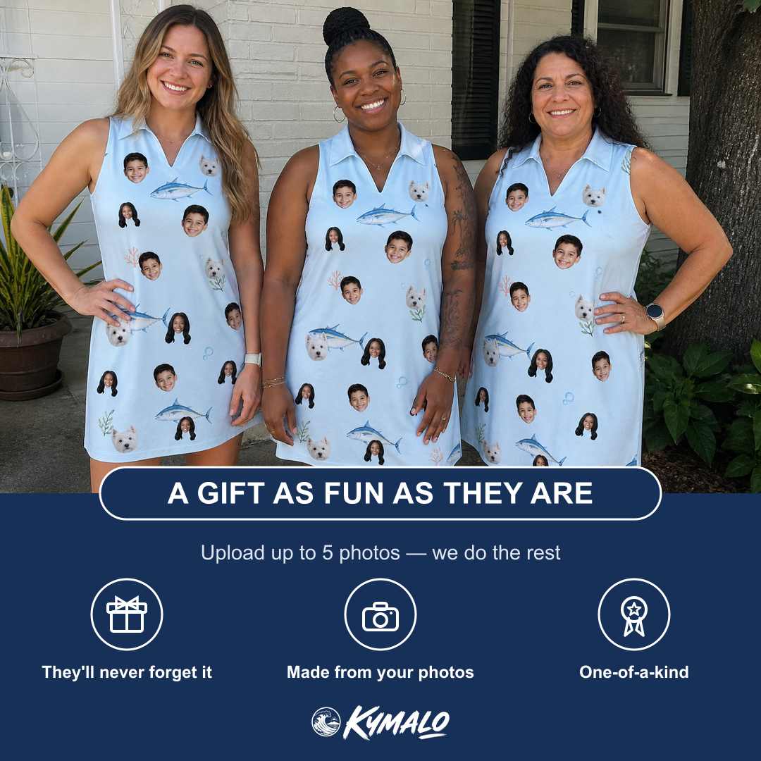 Friends in matching Women's Pelagic Prowess Custom Face V-Neck Dress — a group gift photo