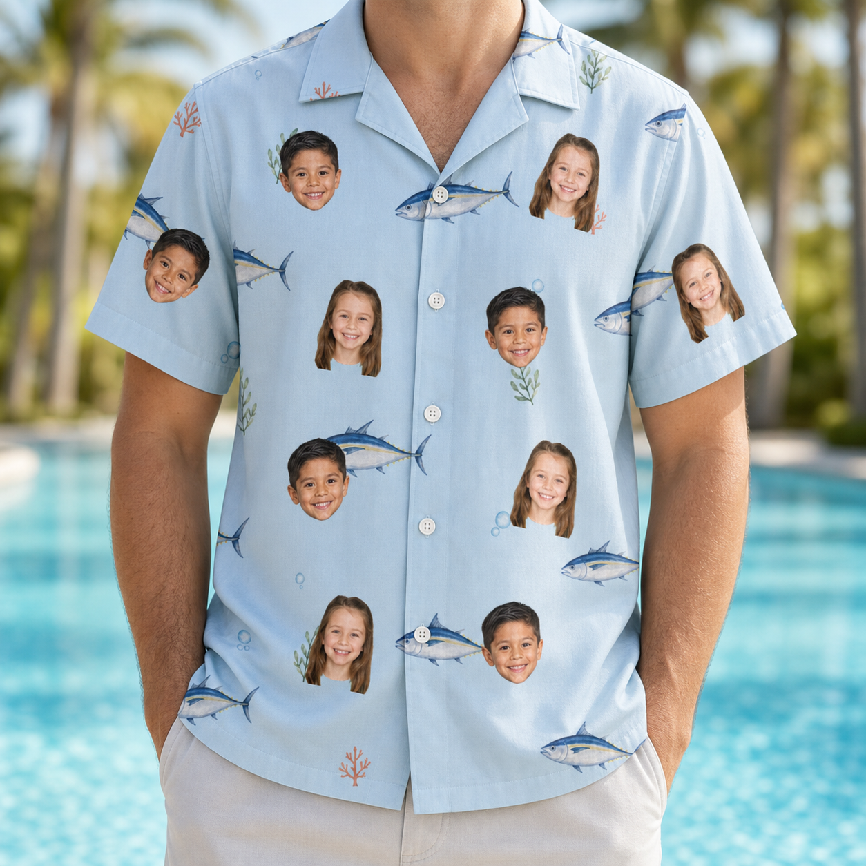 Model wearing Men's Pelagic Prowess Custom Face Hawaiian Shirt printed with kids' faces