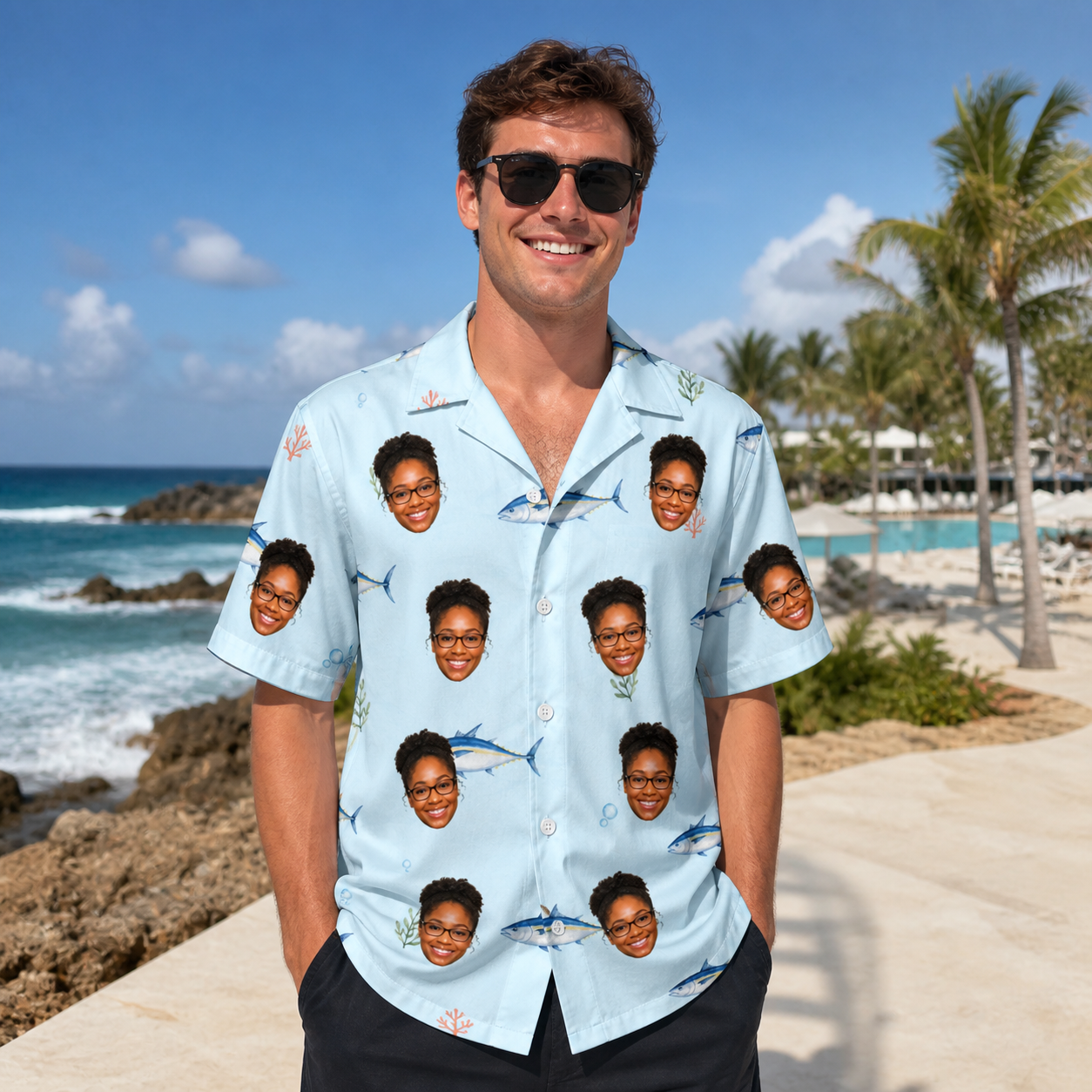 Real-life photo of someone wearing Men's Pelagic Prowess Custom Face Hawaiian Shirt — custom faces printed all-over