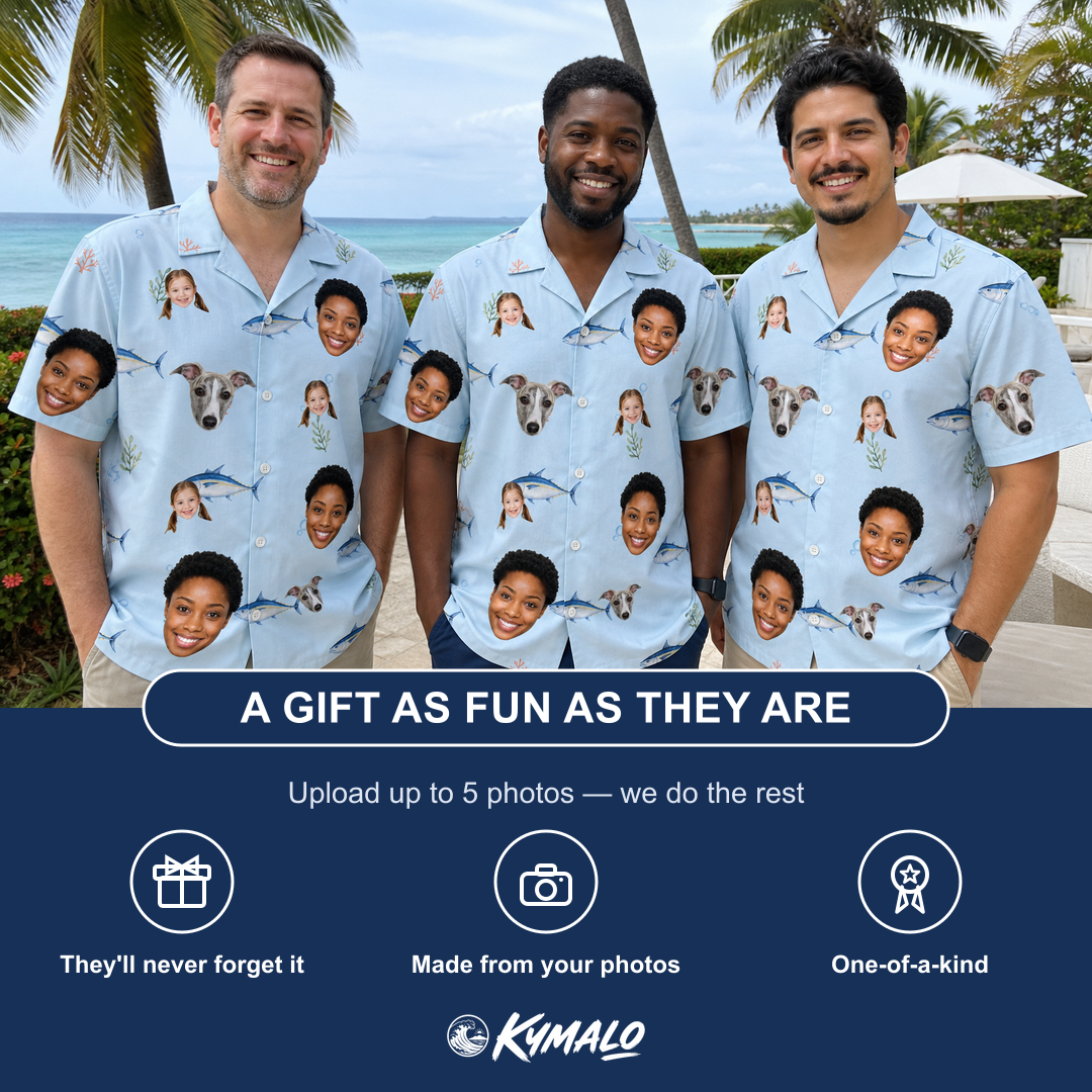 Friends in matching Men's Pelagic Prowess Custom Face Hawaiian Shirt — a group gift photo
