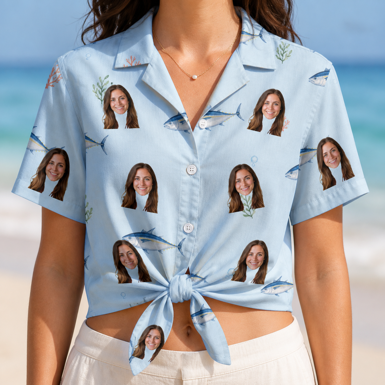 Woman wearing Women's Pelagic Prowess Custom Face Hawaiian Shirt tied at the waist