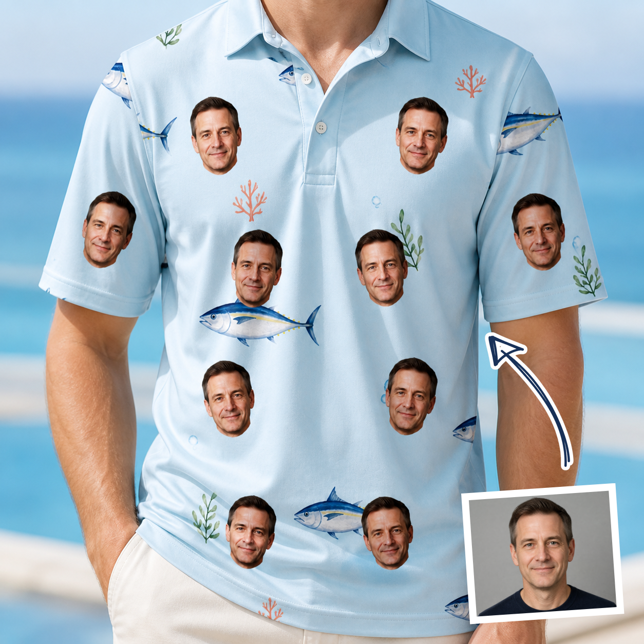 Man wearing Men's Pelagic Prowess Custom Face Polo Shirt — custom faces printed all-over