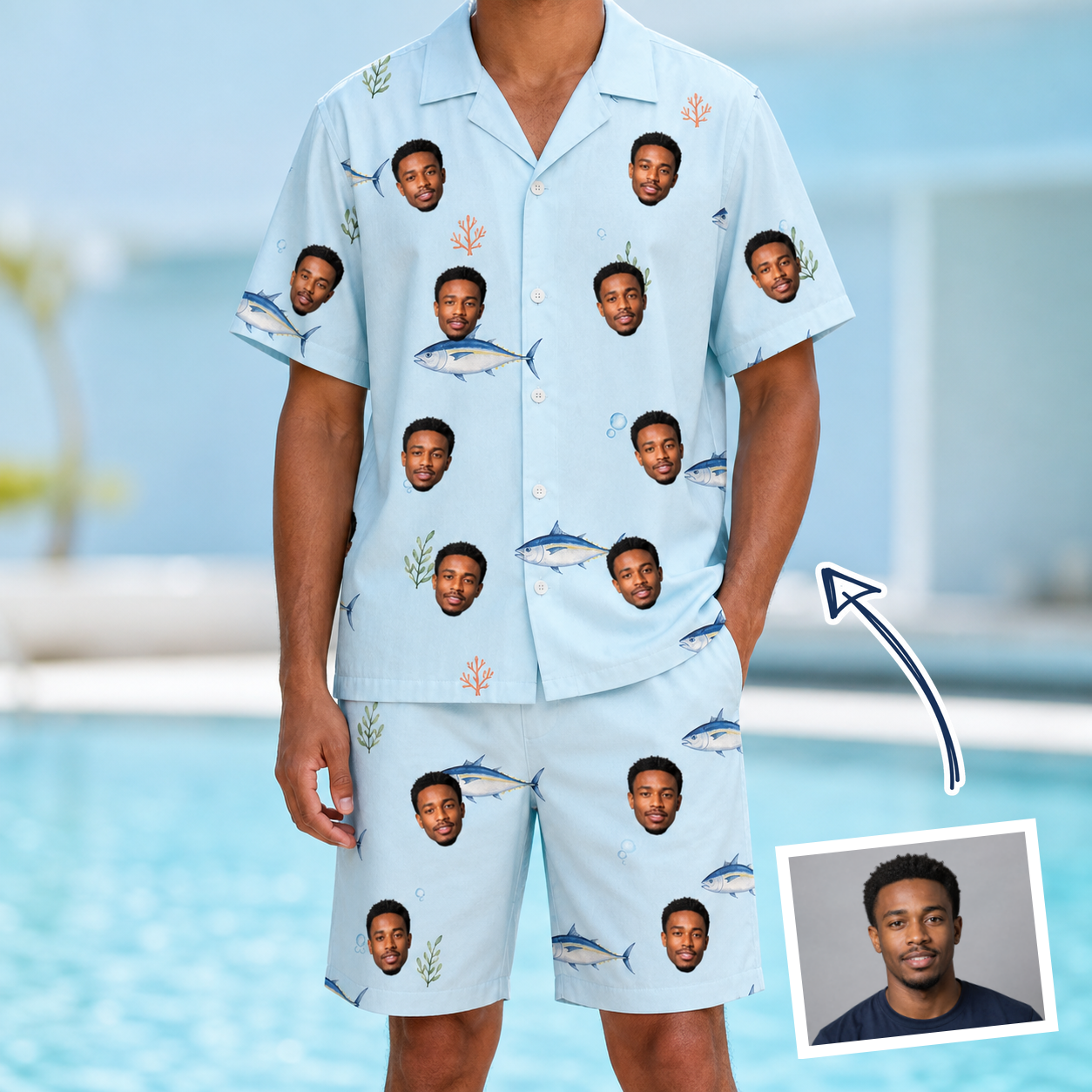 Man wearing Men's Pelagic Prowess Custom Face Shirt & Shorts Set — custom faces printed all-over