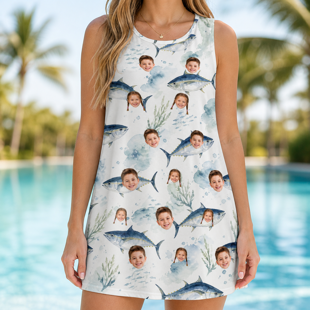 Model wearing Women's Castaway Catch Custom Face Tank Dress printed with kids' faces