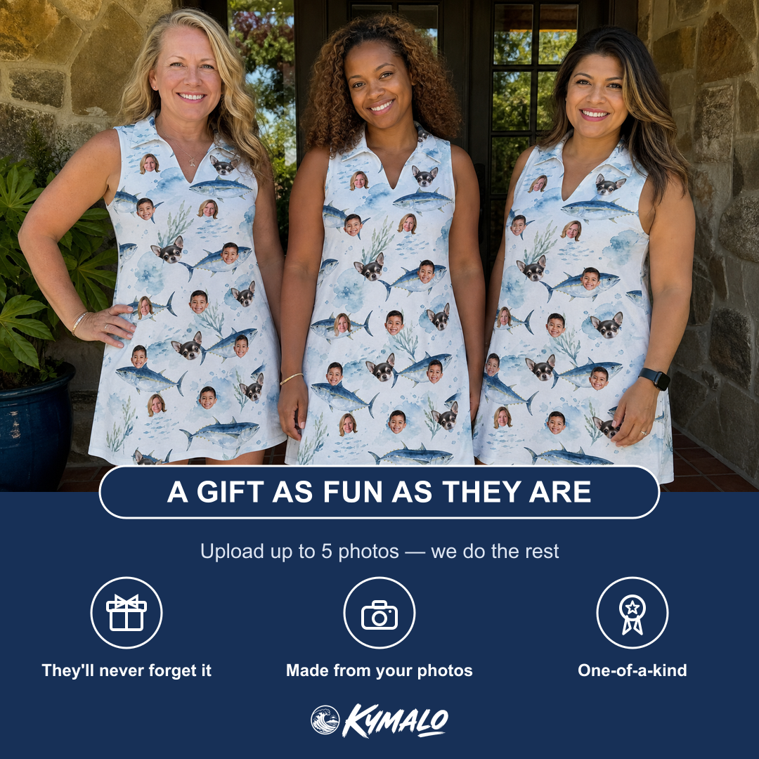 Friends in matching Women's Castaway Catch Custom Face V-Neck Dress — a group gift photo