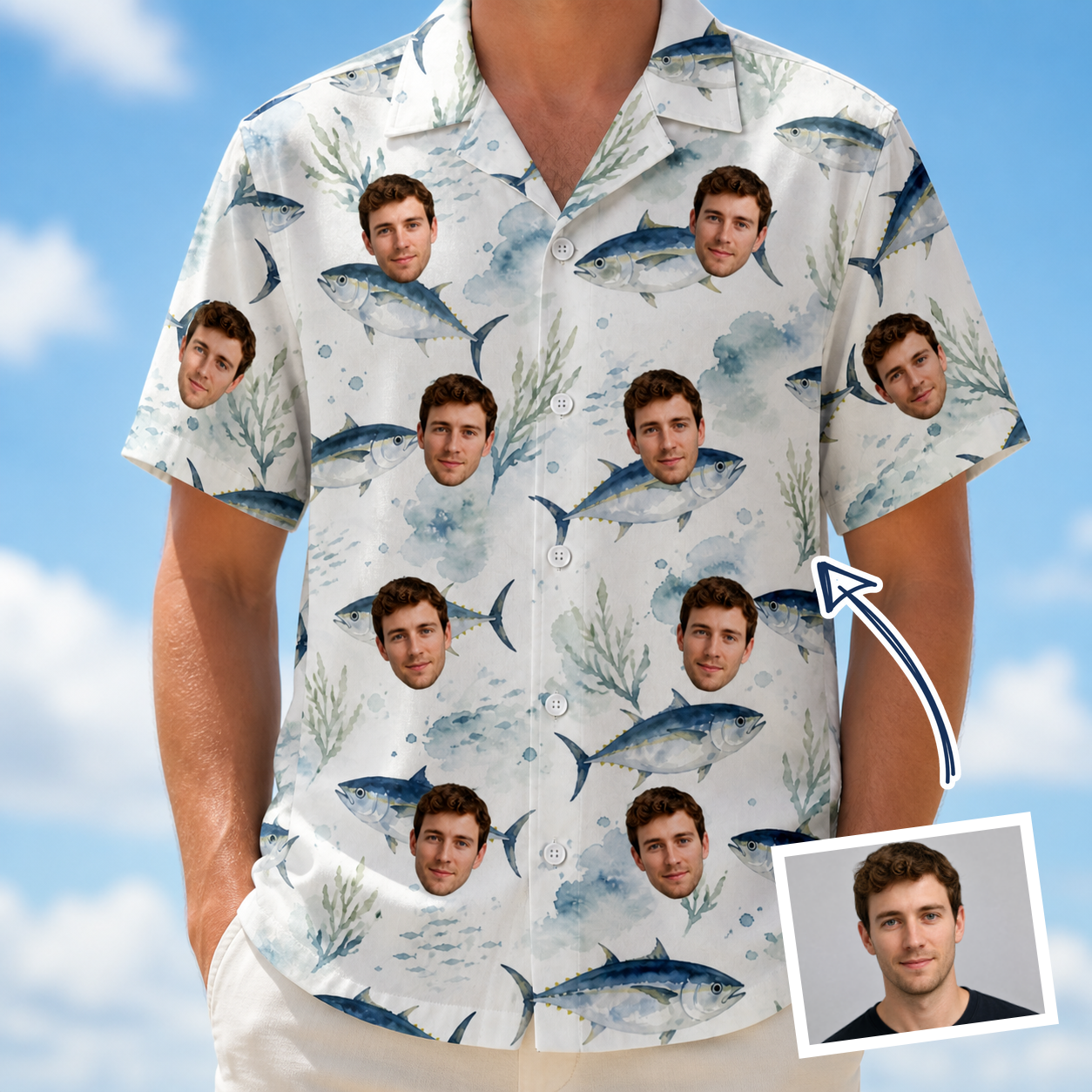 Man wearing Men's Castaway Catch Custom Face Hawaiian Shirt — custom faces printed all-over