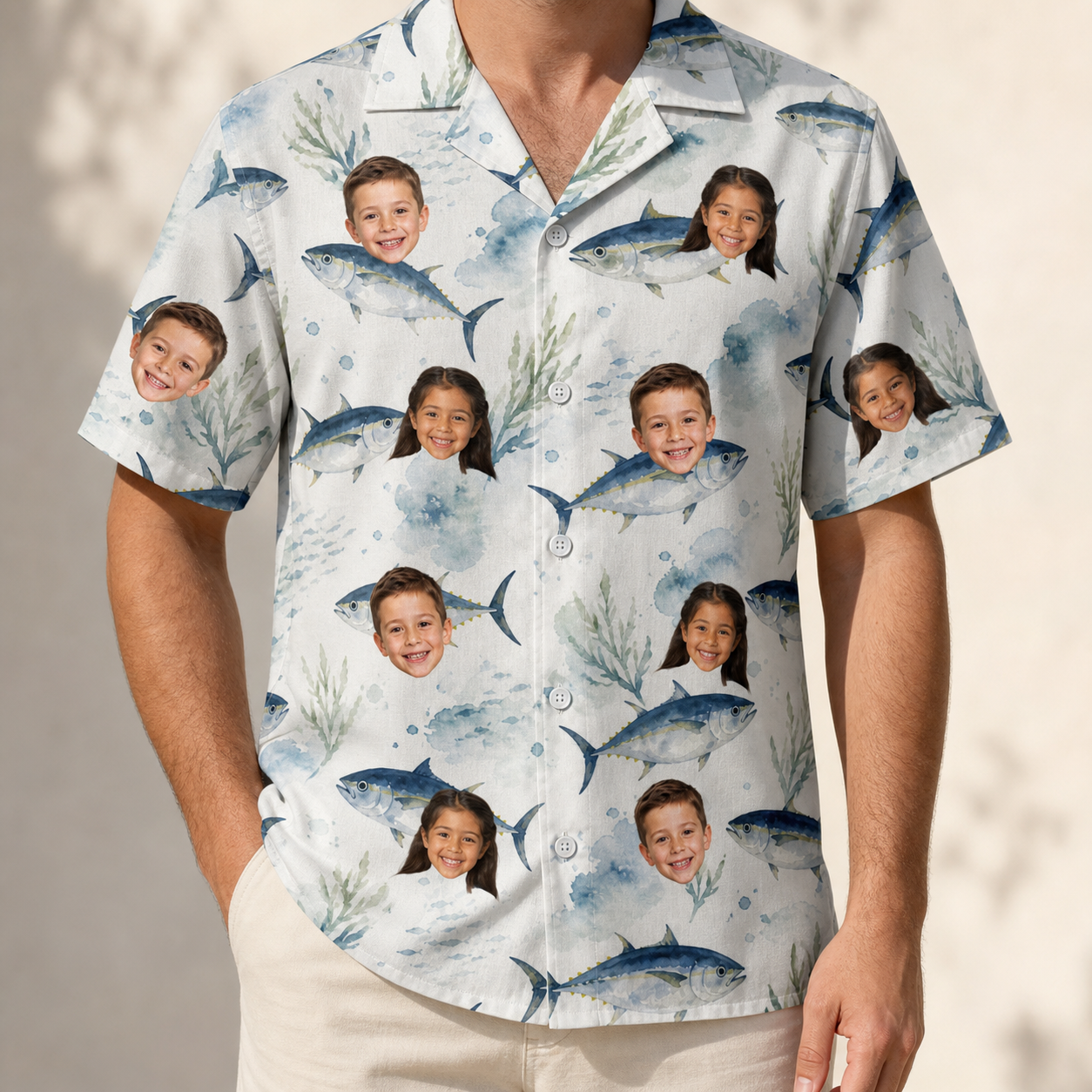 Model wearing Men's Castaway Catch Custom Face Hawaiian Shirt printed with kids' faces