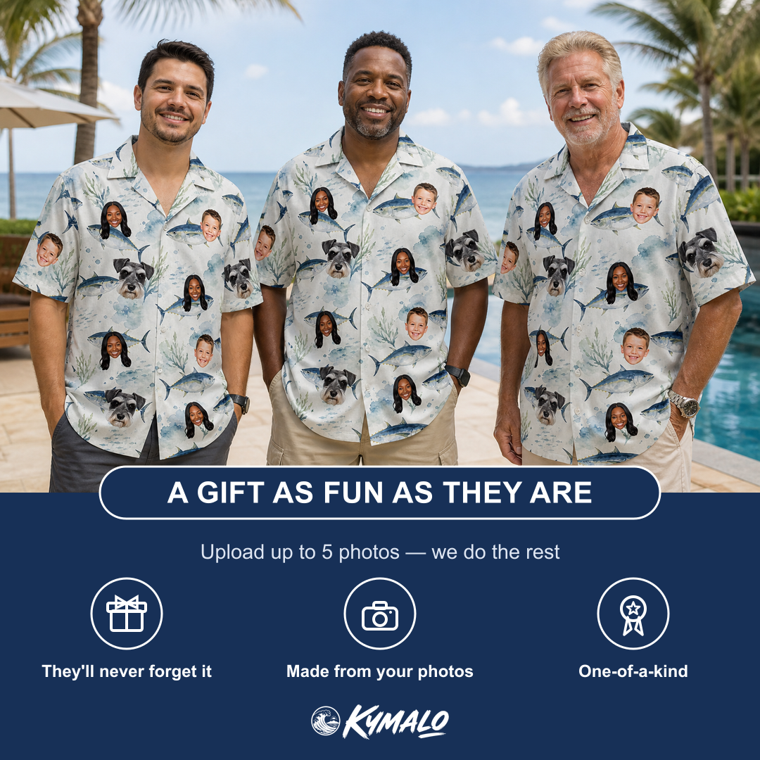 Friends in matching Men's Castaway Catch Custom Face Hawaiian Shirt — a group gift photo