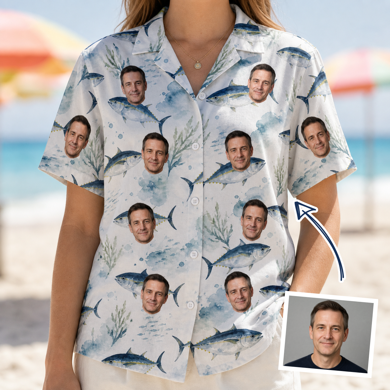 Woman wearing Women's Castaway Catch Custom Face Hawaiian Shirt — custom faces printed all-over