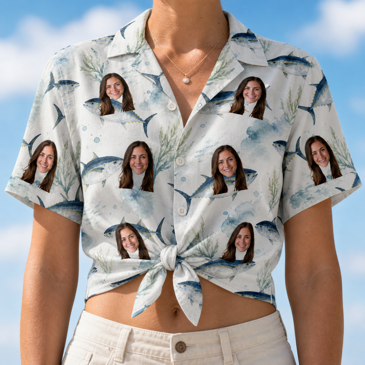 Woman wearing Women's Castaway Catch Custom Face Hawaiian Shirt tied at the waist