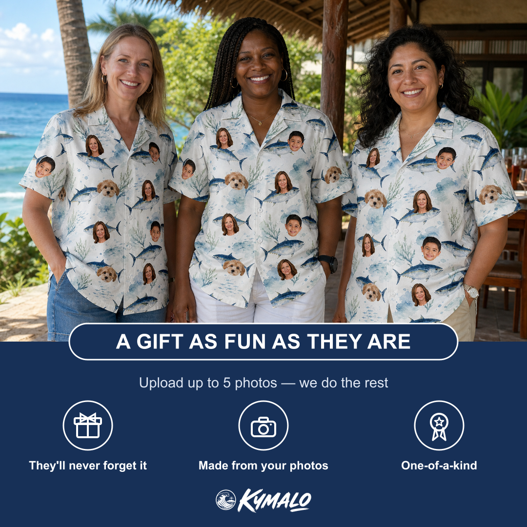 Friends in matching Women's Castaway Catch Custom Face Hawaiian Shirt — a group gift photo