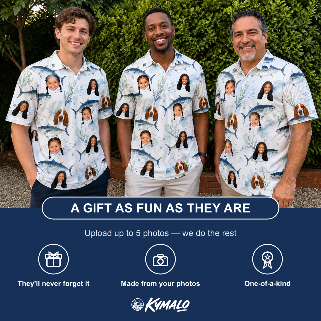 Friends in matching Men's Castaway Catch Custom Face Polo Shirt — a group gift photo
