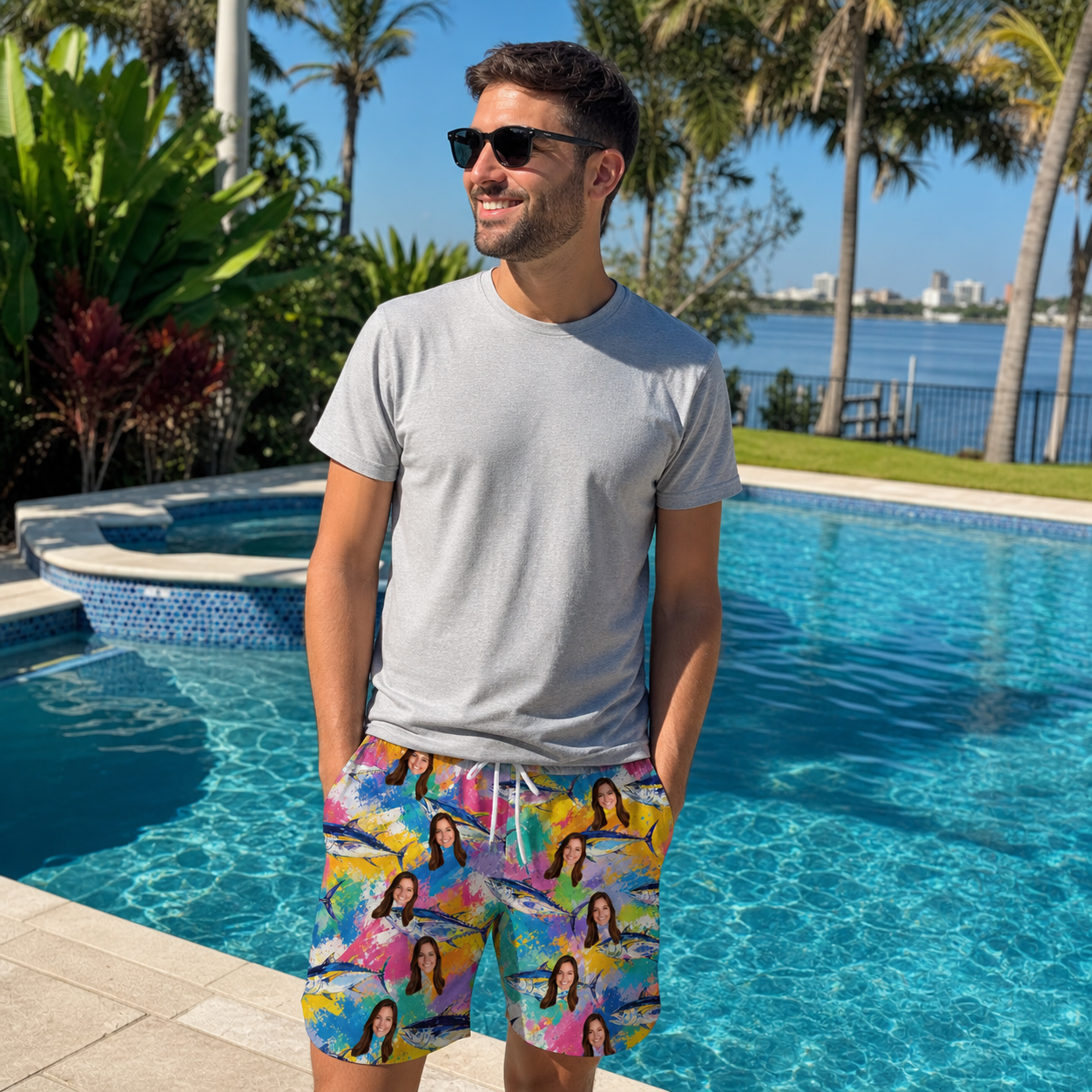 Real-life photo of someone wearing Men's Sushi Safari Custom Face Beach Shorts — custom faces printed all-over