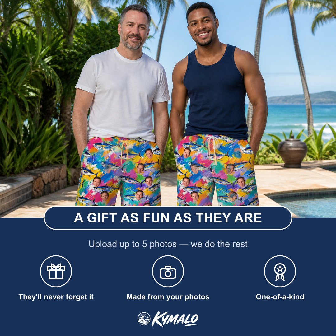 Friends in matching Men's Sushi Safari Custom Face Beach Shorts — a group gift photo