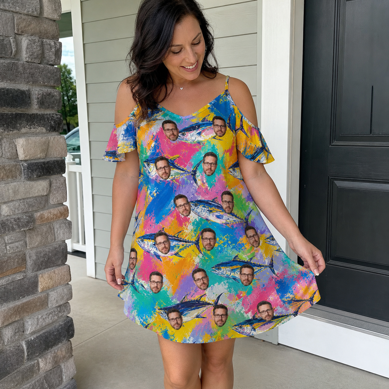 Real-life photo of someone wearing Women's Sushi Safari Custom Face Off-Shoulder Dress — custom faces printed all-over