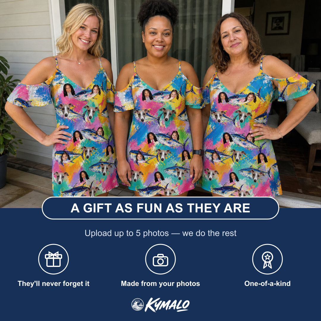 Friends in matching Women's Sushi Safari Custom Face Off-Shoulder Dress — a group gift photo