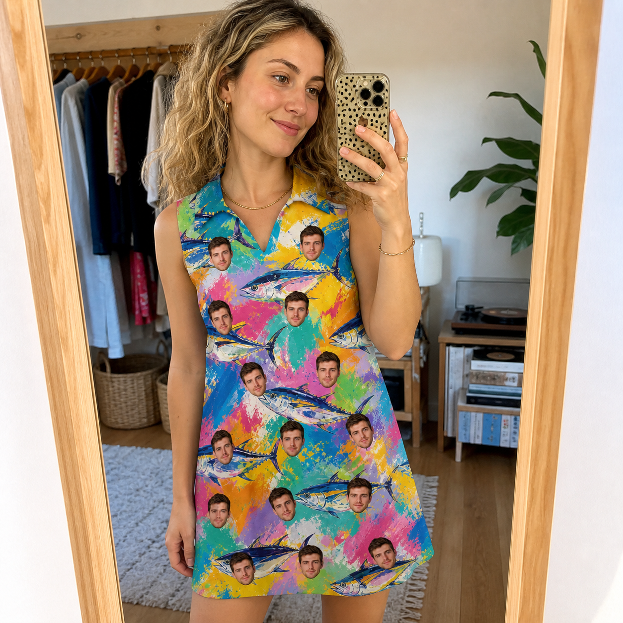 Real-life photo of someone wearing Women's Sushi Safari Custom Face V-Neck Dress — custom faces printed all-over