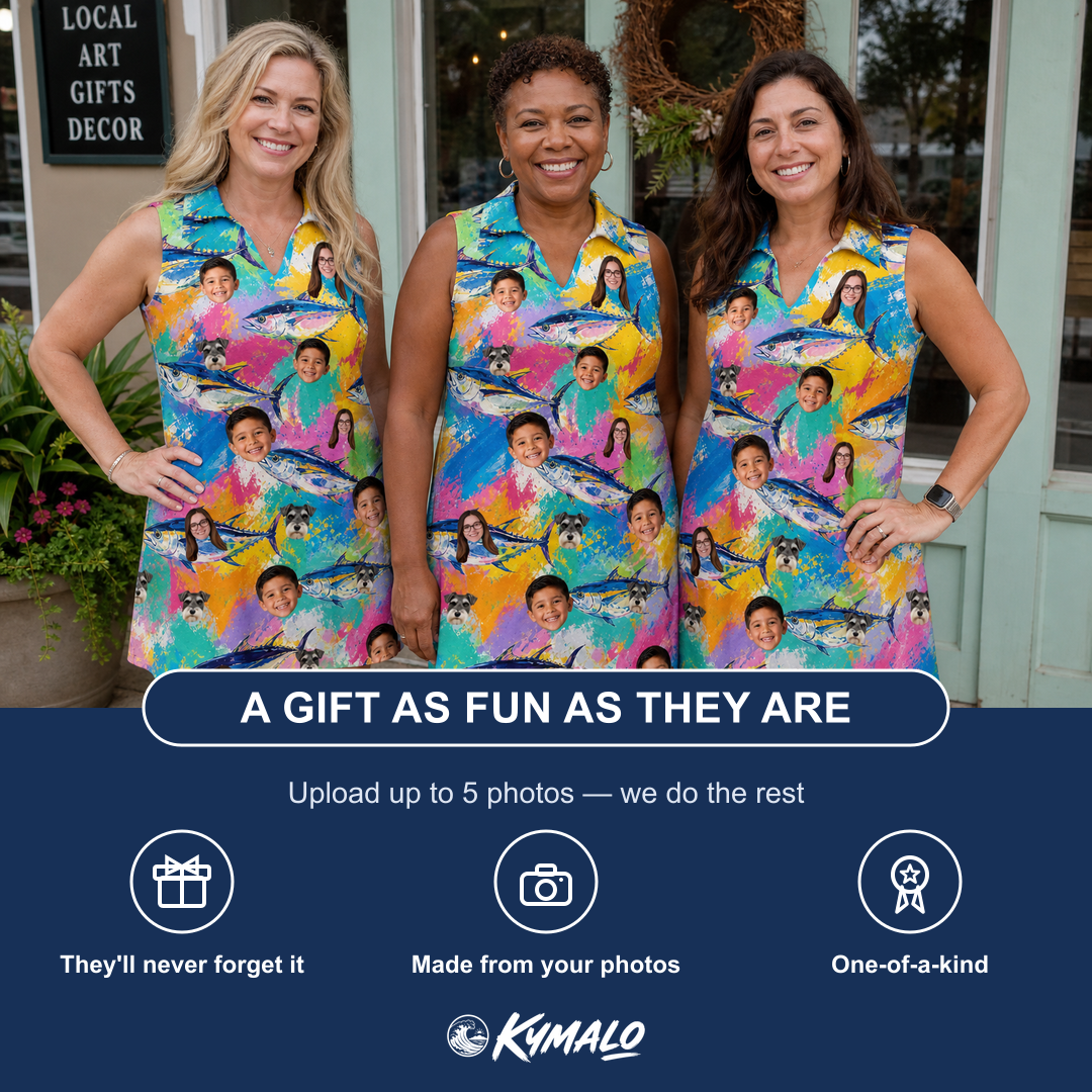 Friends in matching Women's Sushi Safari Custom Face V-Neck Dress — a group gift photo