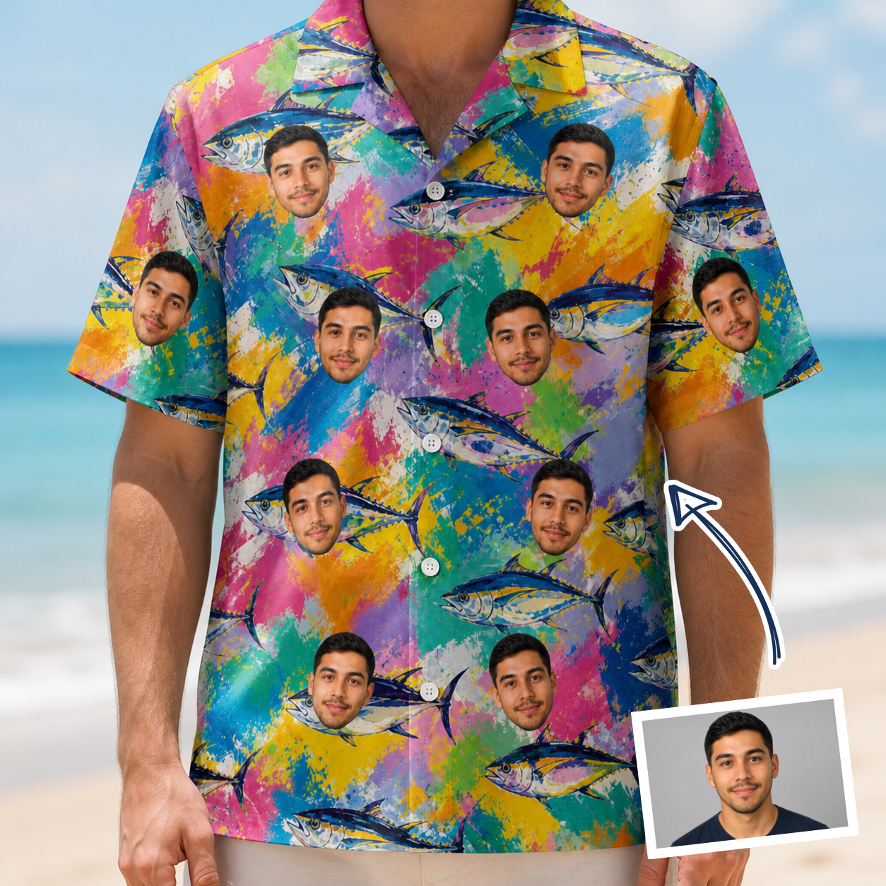 Man wearing Men's Sushi Safari Custom Face Hawaiian Shirt — custom faces printed all-over