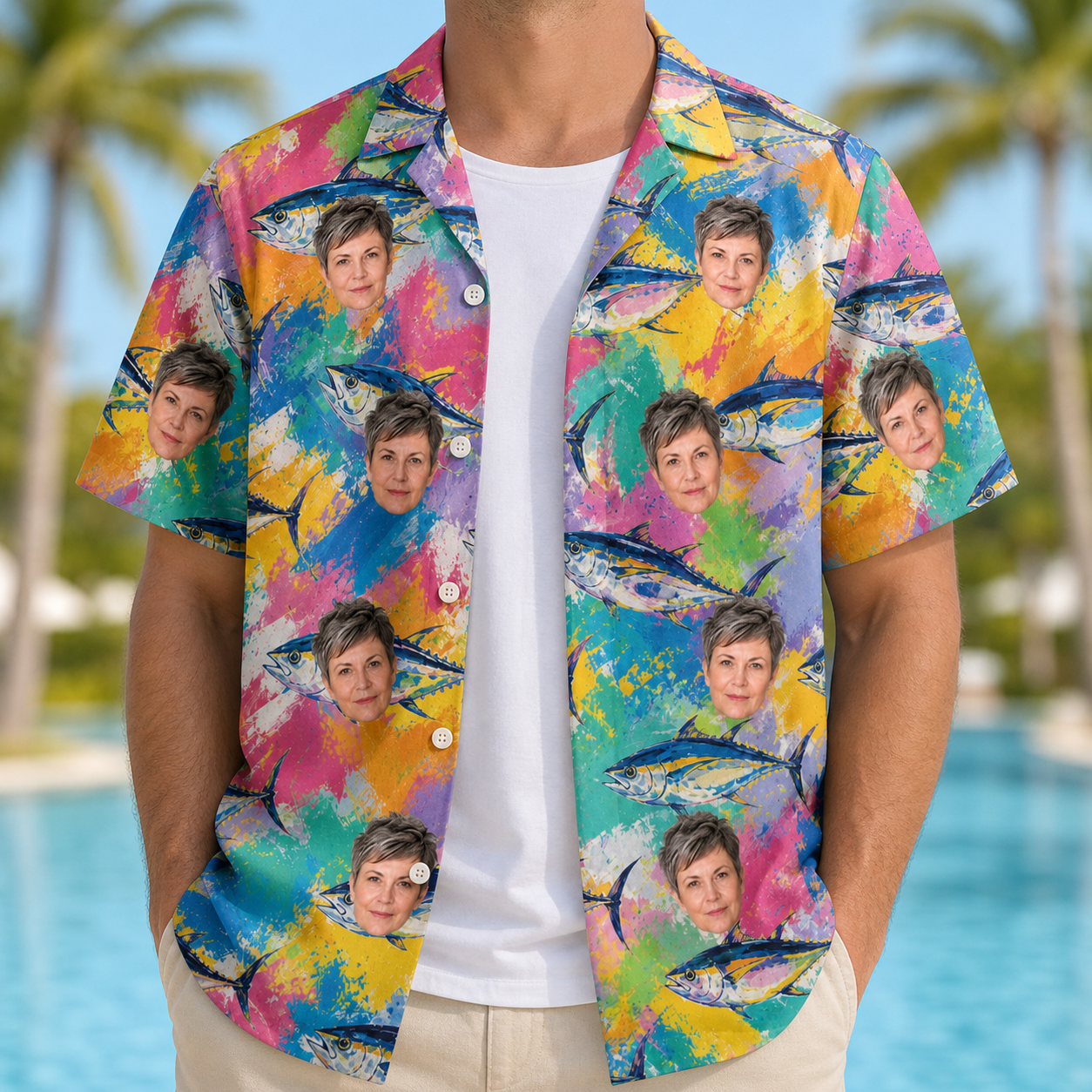 Man wearing Men's Sushi Safari Custom Face Hawaiian Shirt open over a white tee