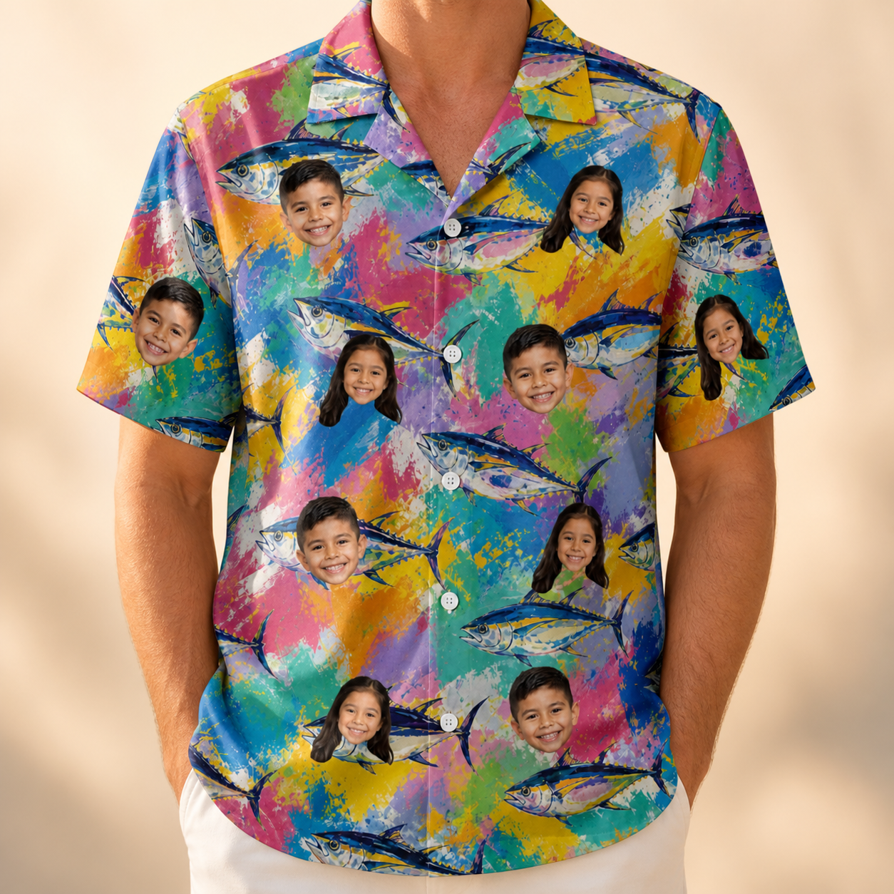 Model wearing Men's Sushi Safari Custom Face Hawaiian Shirt printed with kids' faces