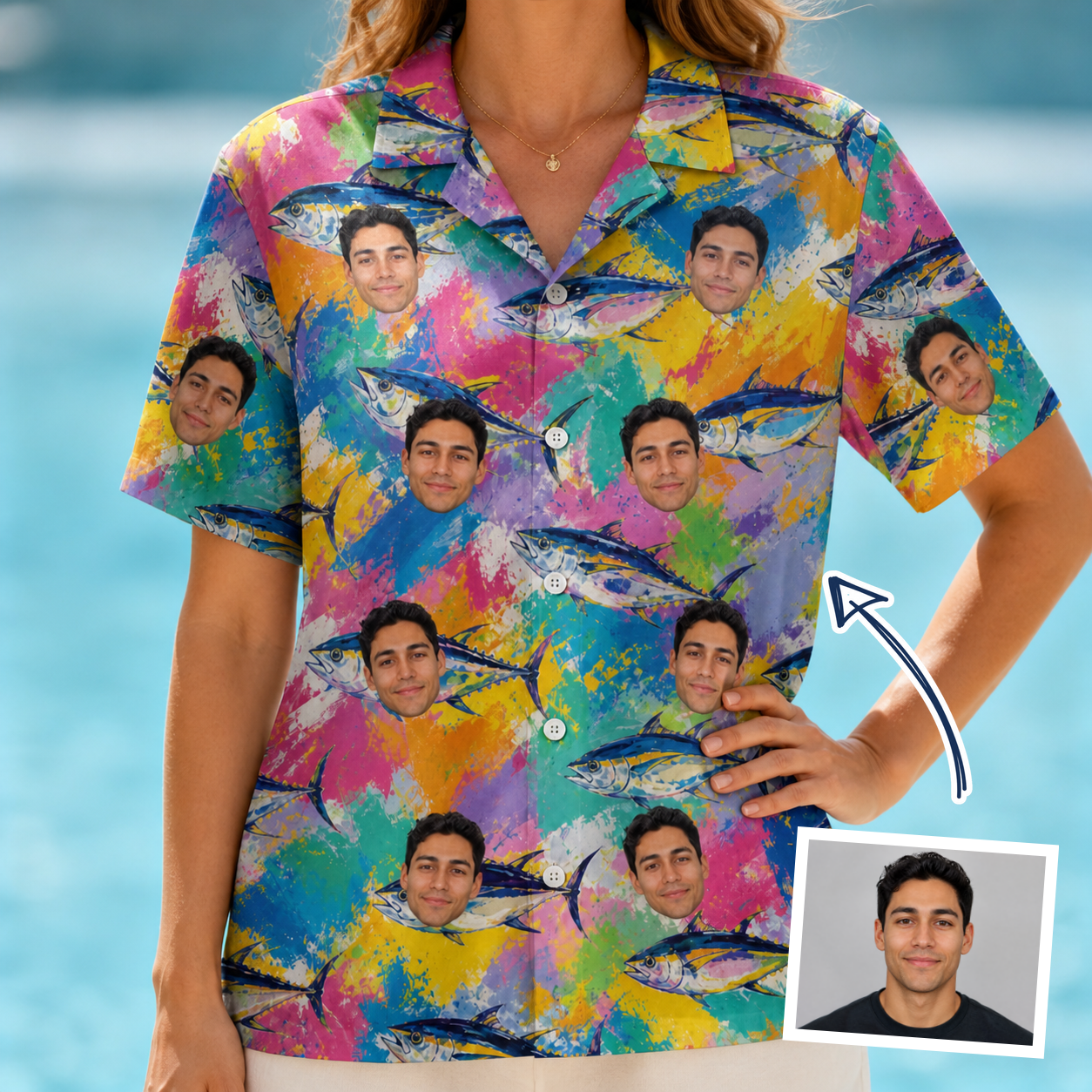 Woman wearing Women's Sushi Safari Custom Face Hawaiian Shirt — custom faces printed all-over
