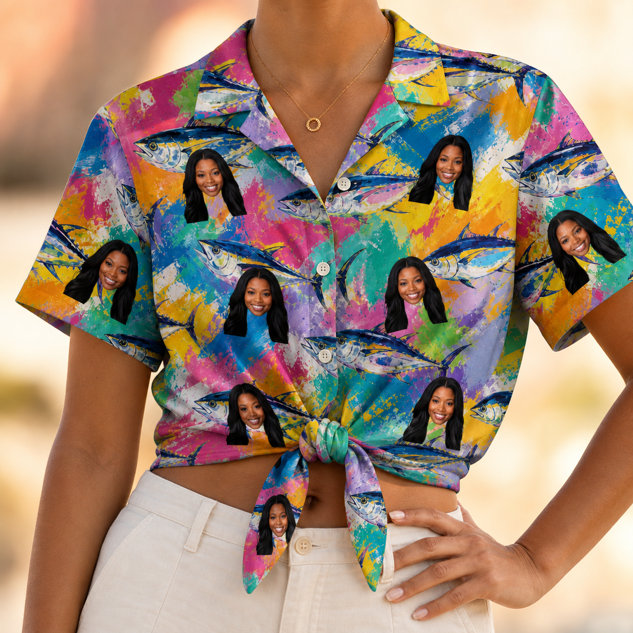 Woman wearing Women's Sushi Safari Custom Face Hawaiian Shirt tied at the waist