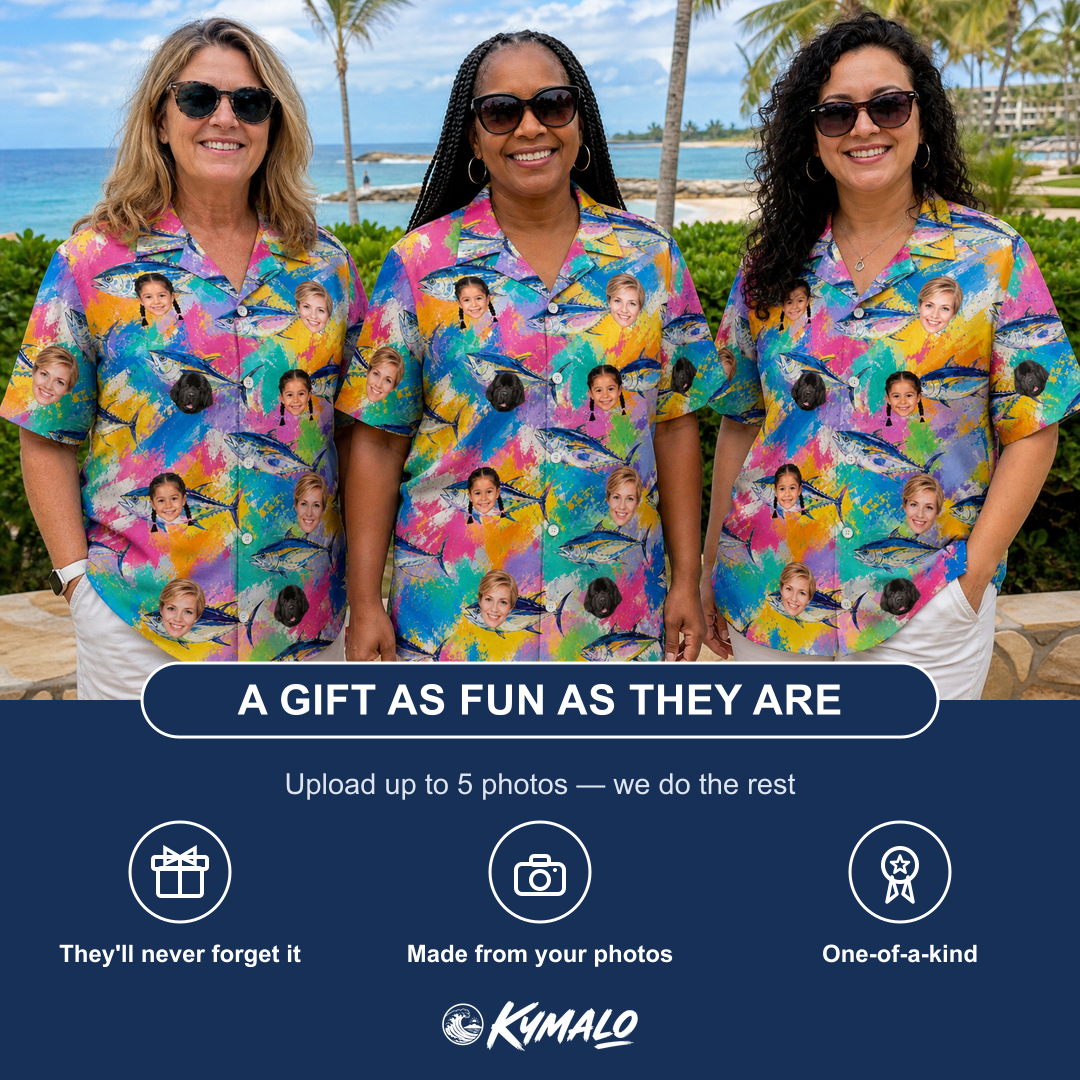 Friends in matching Women's Sushi Safari Custom Face Hawaiian Shirt — a group gift photo