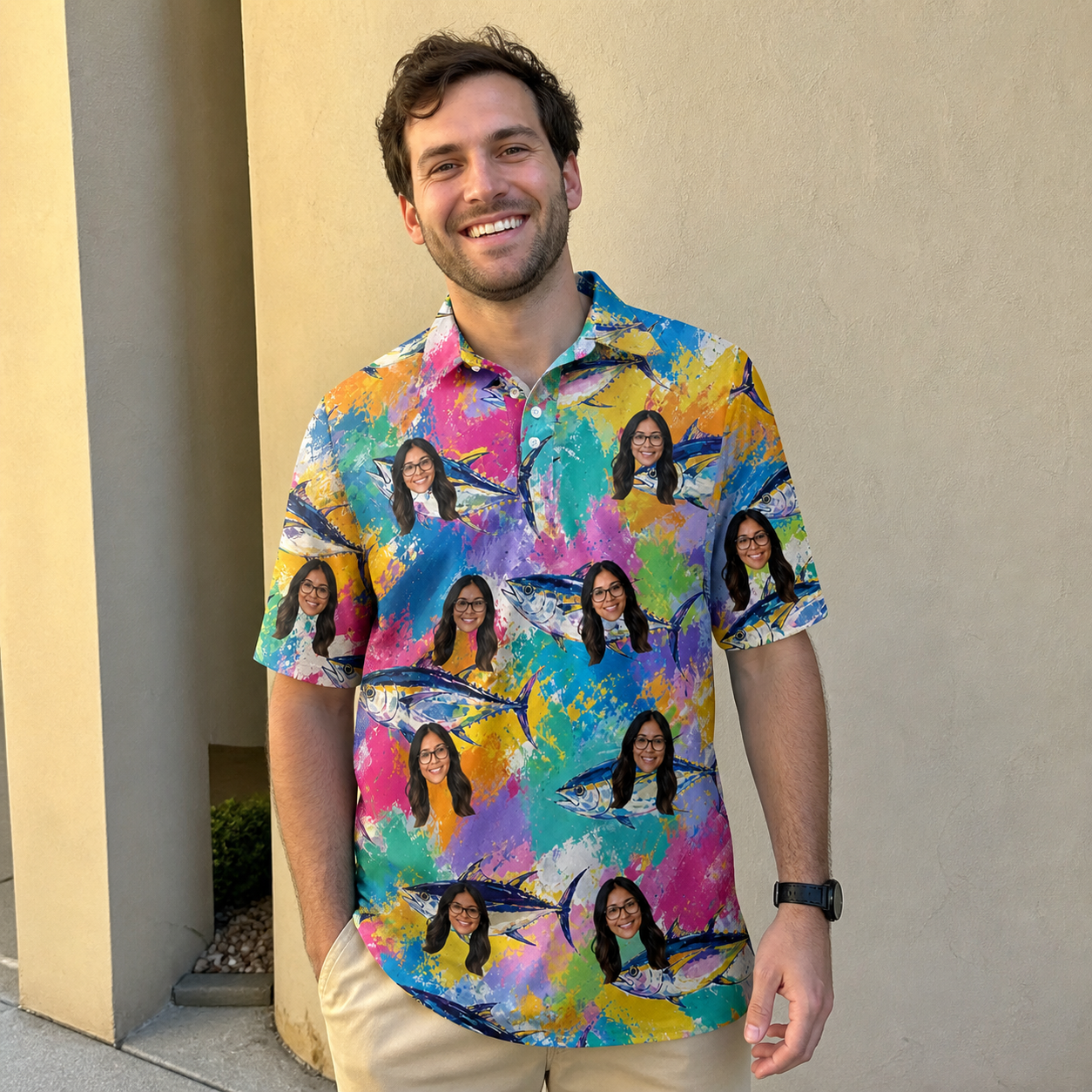 Real-life photo of someone wearing Men's Sushi Safari Custom Face Polo Shirt — custom faces printed all-over