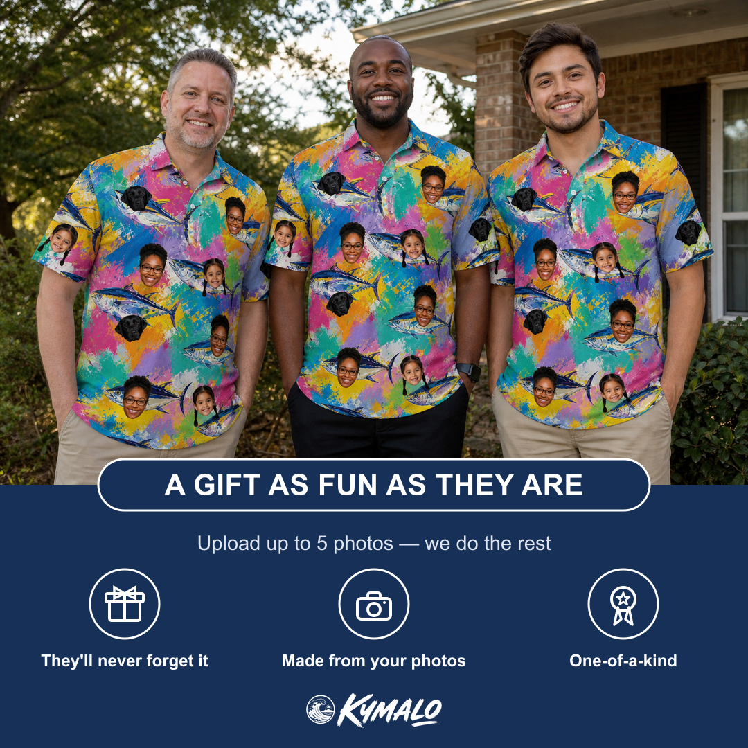 Friends in matching Men's Sushi Safari Custom Face Polo Shirt — a group gift photo