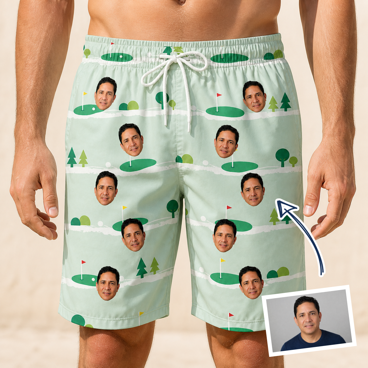 Man wearing Men's Hole Hilarity Custom Face Beach Shorts — custom faces printed all-over
