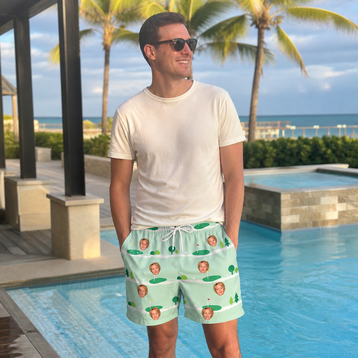 Real-life photo of someone wearing Men's Hole Hilarity Custom Face Beach Shorts — custom faces printed all-over