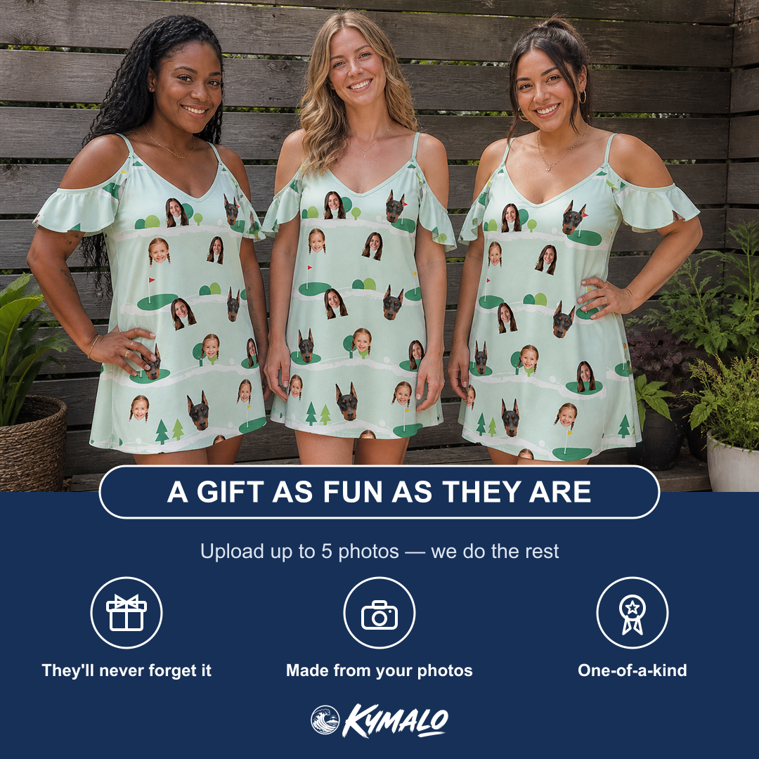 Friends in matching Women's Hole Hilarity Custom Face Off-Shoulder Dress — a group gift photo