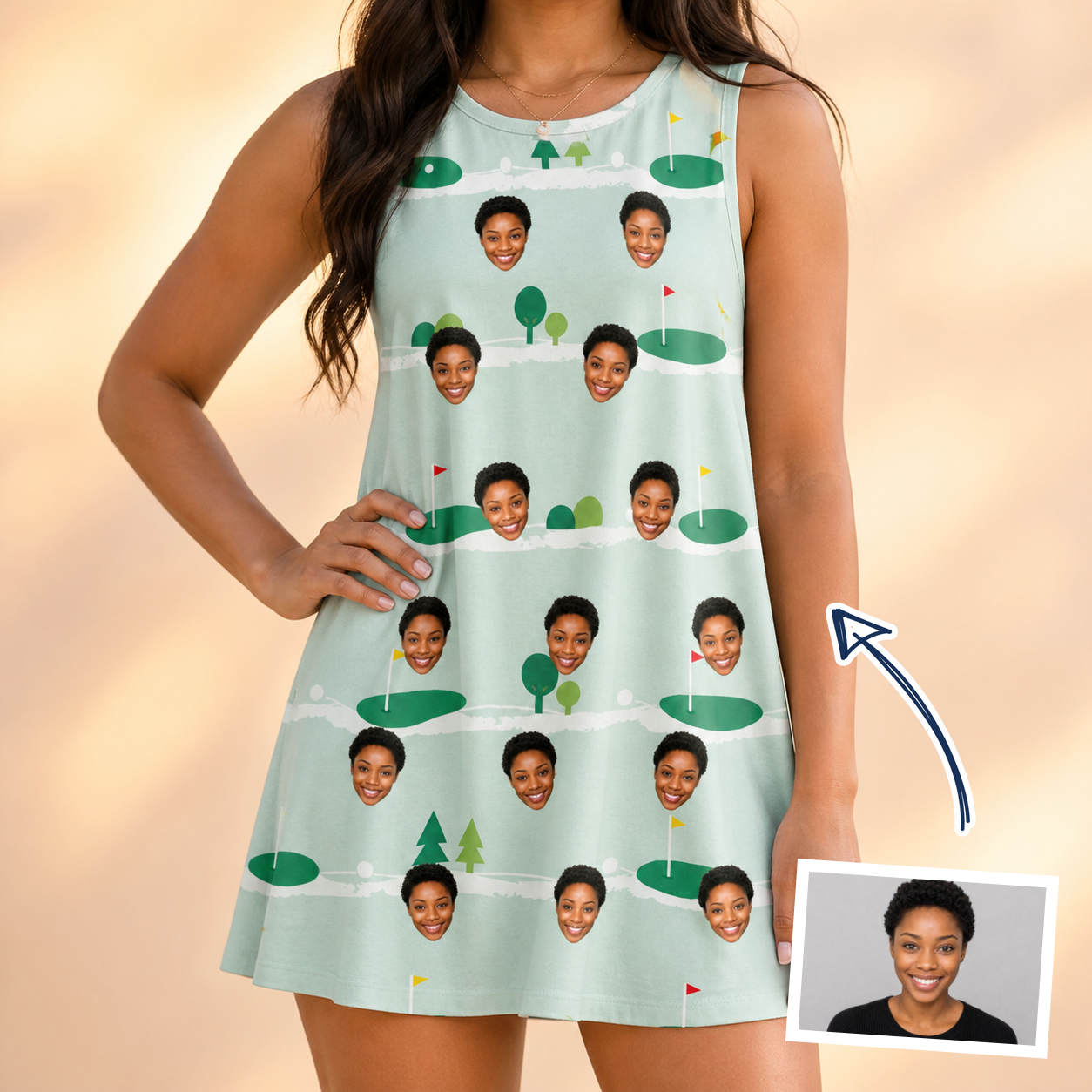 Woman wearing Women's Hole Hilarity Custom Face Tank Dress — custom faces printed all-over