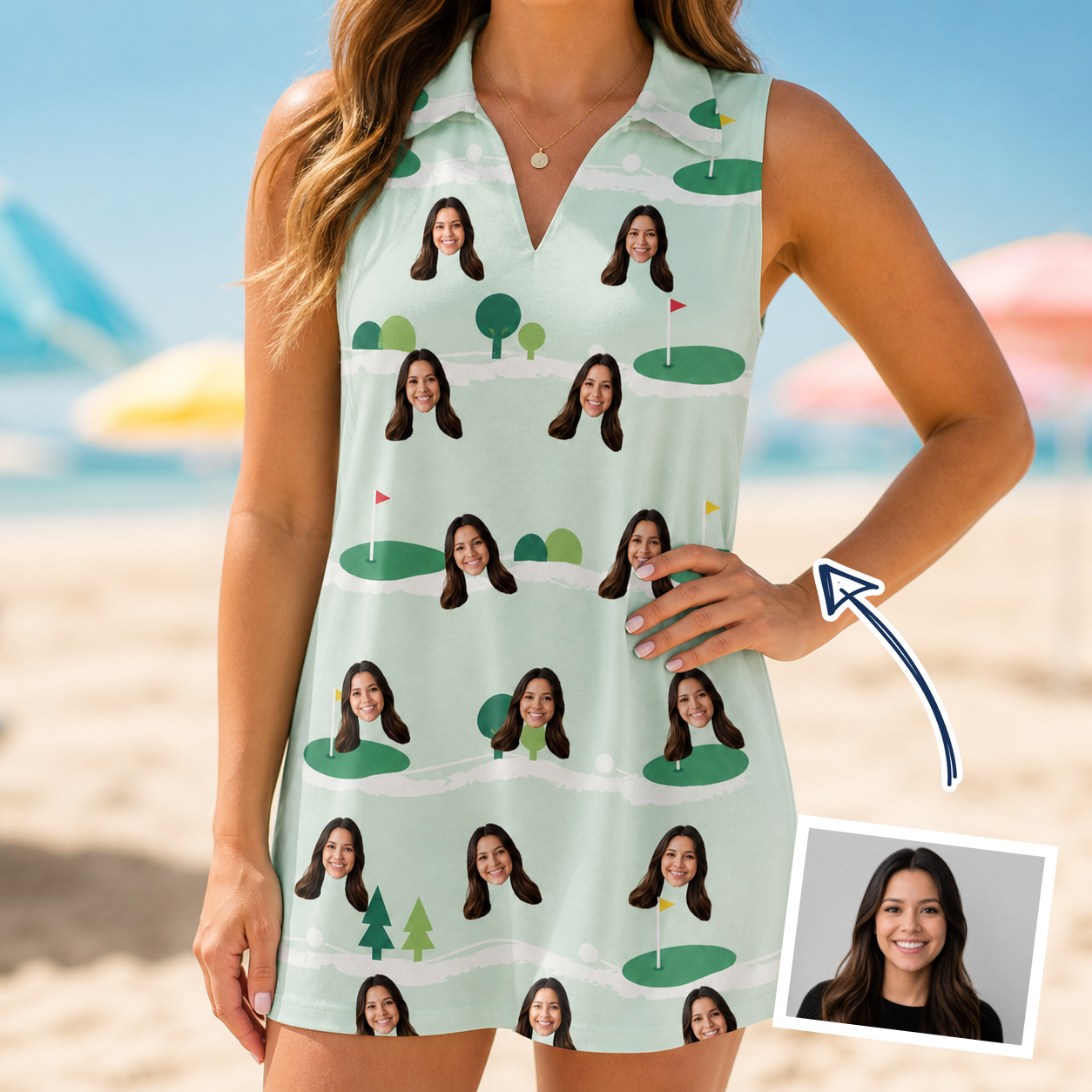 Woman wearing Women's Hole Hilarity Custom Face V-Neck Dress — custom faces printed all-over