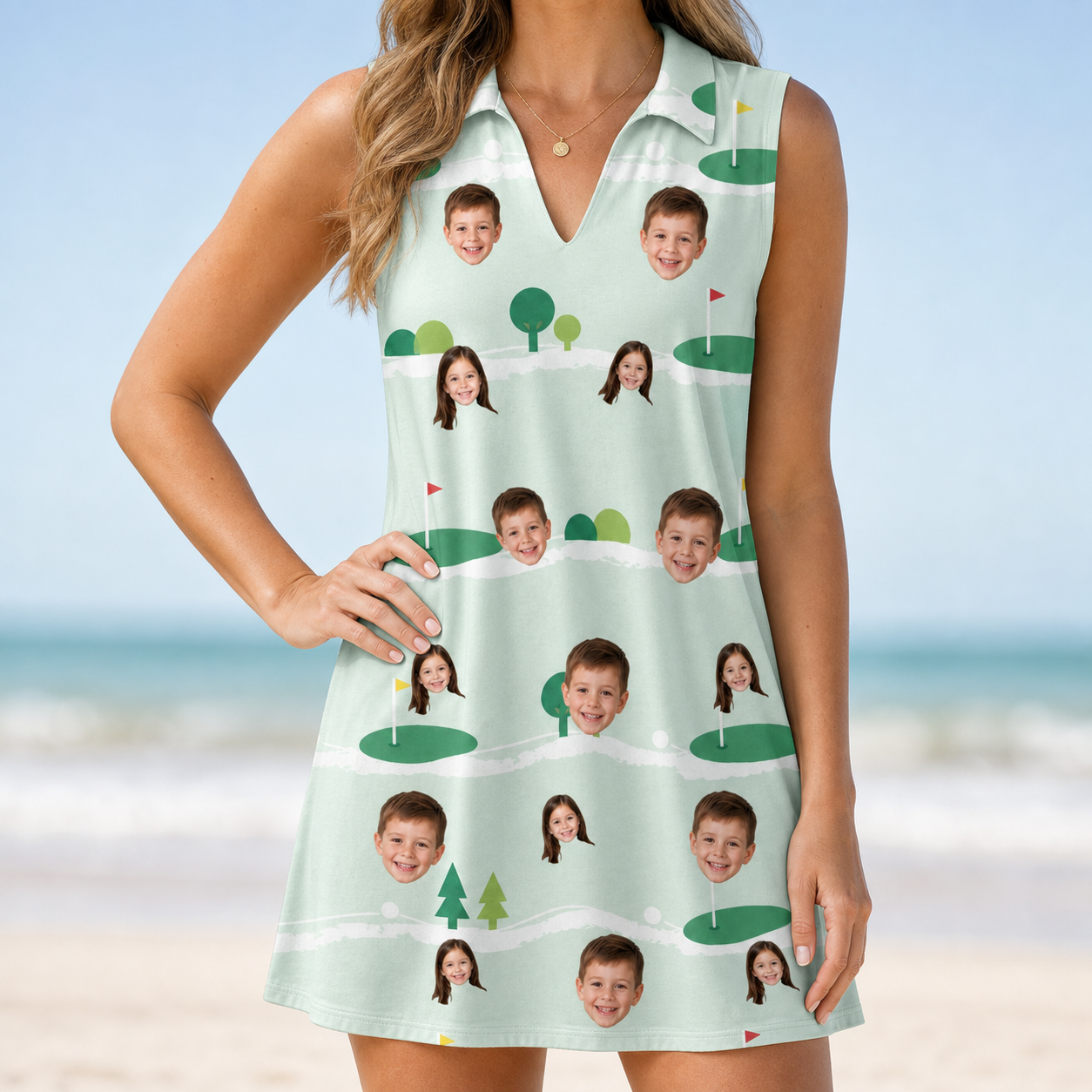 Model wearing Women's Hole Hilarity Custom Face V-Neck Dress printed with kids' faces